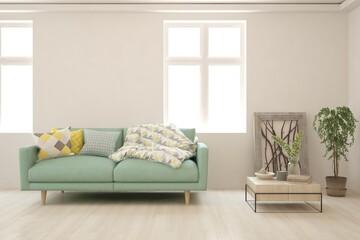 White living room with sofa. Scandinavian interior design. 3D illustration