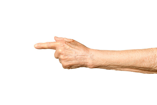 Old lady arm on a white background. Hand of elderly woman indicates direction