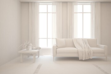 White minimalist living room with sofa. Scandinavian interior design. 3D illustration