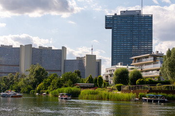 Corporte building Vienna.  The Vienna International Center is a Complex with tall skyscrapers and high rise (corporate and residential) buildings next to the Danube River. 