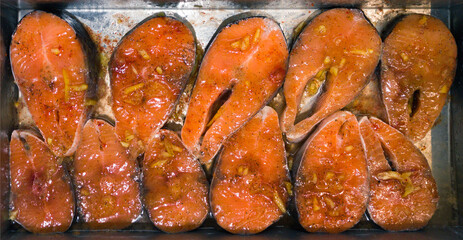 grilled salmon red fish steaks