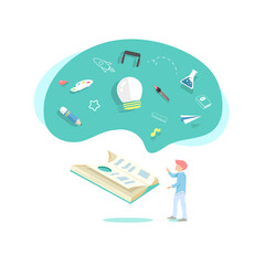 man with book, knowledge thinking idea inspiration creative concept vector illustration