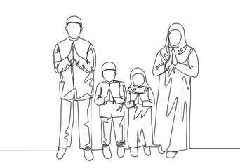 Fototapeta na wymiar Eid Mubarak greeting card, poster and banner design background. Single continuous line drawing of muslim Arabian family - mom, dad and two kids. Eid Al Fitr one line draw vector illustration