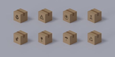 Set of isolated package boxes with various symbols, isometric illustration with realistic shadows, 3D render