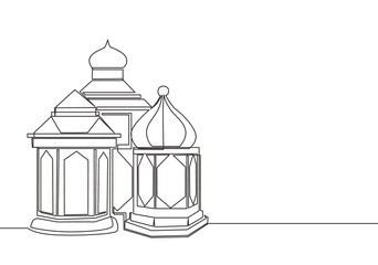 Ramadan Kareem greeting card, poster and banner design background. One continuous line drawing of Islamic ornament lantern lamps. Islamic festival single line draw vector illustration
