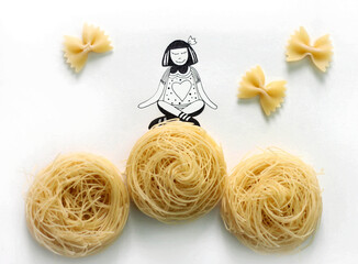 An illustration drawing of a girl sitting on "hay bales" of pasta