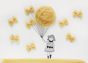 An illustration drawing of a girl holding raw pasta "balloons"