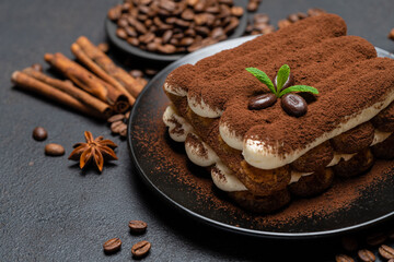 Classic tiramisu dessert on ceramic plate on concrete background