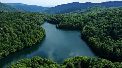 Obraz na płótnie Canvas Aerial view of Morske oko lake in Remetske Hamre village in Slovakia