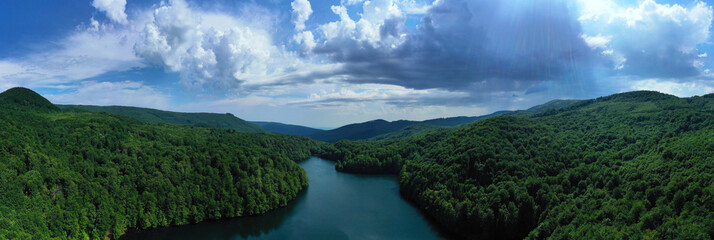 Fototapeta na wymiar Aerial view of Morske oko lake in Remetske Hamre village in Slovakia
