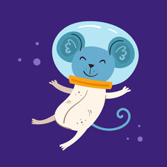 Cosmos vector flat illustration, element, sticker, icon. Isolated on dark background. Animal in outer space. Astronaut, space, pressure suit. Mouse. Galaxy, science. Cartoon art for children.
