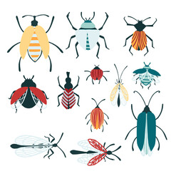 Set of cartoon simple beetle collection colored different insects flat vector illustration isolated on white background