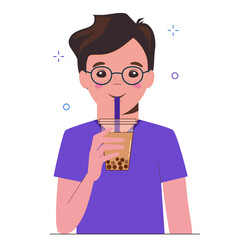 Young man drinks bubble milk tea or pearl milk tea. Taiwanese famous and popular drink with tapioca black pearls. Flat cartoon illustration isolated on white background.