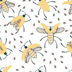 Seamless pattern of cartoon simple beetle collection colored insects flat vector illustration on white background