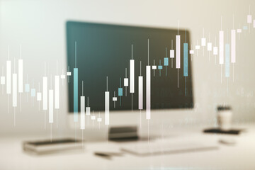 Double exposure of abstract creative financial chart on modern laptop background, research and strategy concept