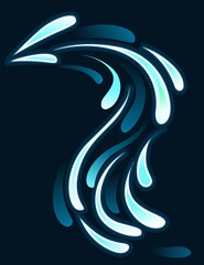 Blue abstract flat water drops flowing flat vector illustration on dark background