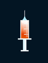 Medical plastic syringe with medicine or vaccine orange liquid flat vector illustration on dark background