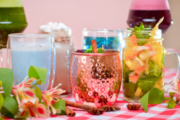 Unique and stylish cups of coffee and tea. Mix cocktails. Butterfly pea blue tea, mulled wine, fruit tea, latte coffee.