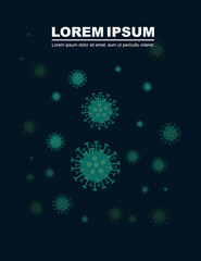 Fototapeta na wymiar Advertising flyer banner design with green coronavirus flat vector illustration on dark background