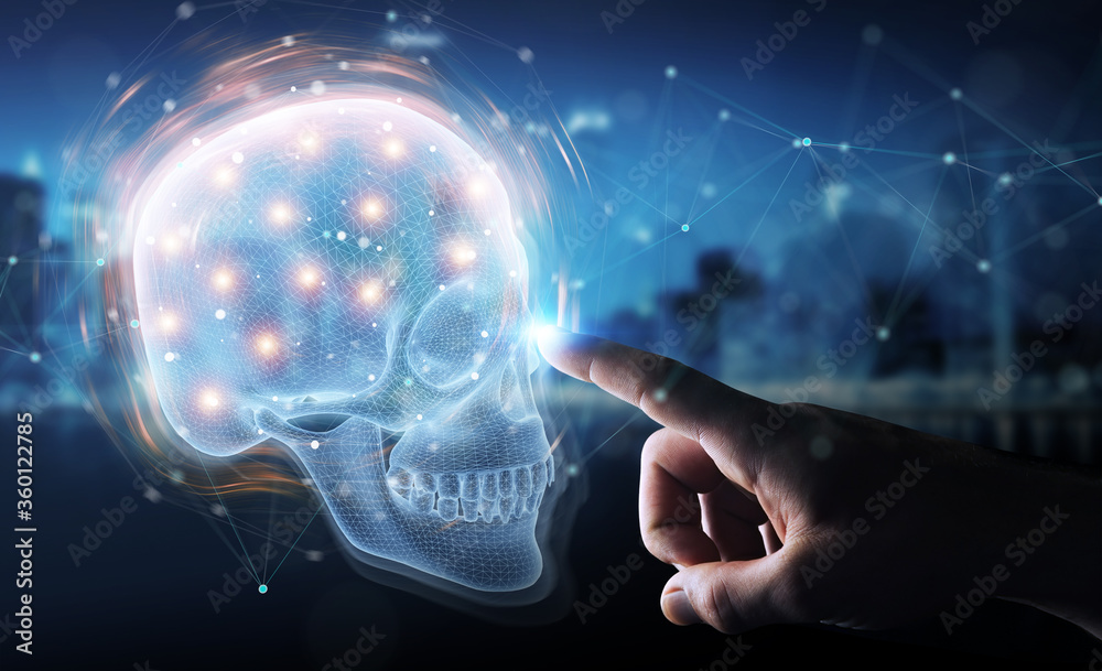 Poster Man hand using digital x-ray skull holographic scan projection 3D rendering