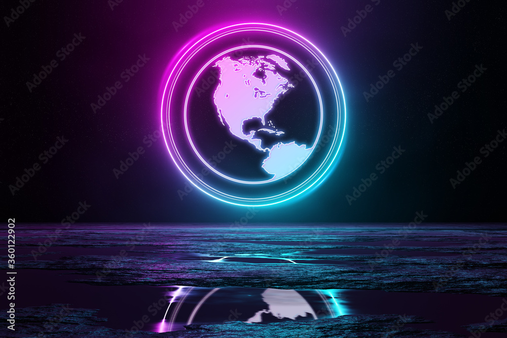 Sticker digital web holographic icon illuminating the floor with blue and pink neon light 3d rendering