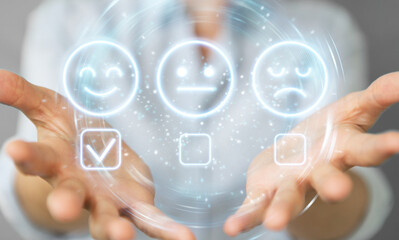 Woman using customer satisfaction rating interface 3D rendering