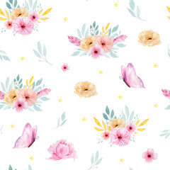 Watercolor seamless pattern with flowers, bohemian watercolour decoration pattern. Design for invitation, wedding or greeting cards