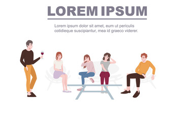 Group of people in casual clothes sitting on soft chairs cafe room with chair table flat vector illustration on white background