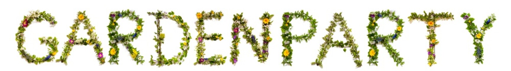 Flower, Branches And Blossom Letter Building English Word Gardenparty. White Isolated Background