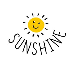 Sunshine. Lettering with yellow smiling sun.