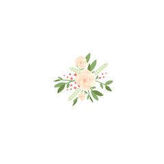 Beautiful beige flower with green leaves and red berries flat vector illustration isolated on white background