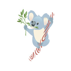 Cute grey koala bear sit on wood branch and eating green leaves cartoon animal design flat vector illustration isolated on white background