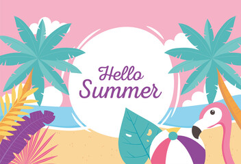 Fototapeta na wymiar flamingo bird beach ball with exotic tropical leaves, hello summer lettering