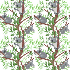 Seamless pattern of cute grey koala bear in different poses eating sleeping leaves cartoon animal design flat vector illustration on green background with leaves © Alfmaler