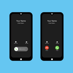 Phone incoming call screen interface set. Slide to answer. Accept button, Decline button. Incoming call. Smartphone call screen template. Mock up vector illustration.