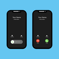 Phone incoming call screen interface set. Slide to answer. Accept button, Decline button. Incoming call. Smartphone call screen template. Mock up vector illustration.