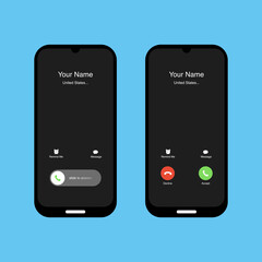 Phone incoming call screen interface set. Slide to answer. Accept button, Decline button. Incoming call. Smartphone call screen template. Mock up vector illustration.