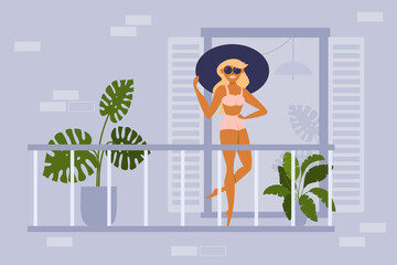 Young woman sunbathing on balcony of residential building. Girl in swimsuit, hat and glasses tans under sun on open terrace in apartment. Summer time 2020 at home. Self isolation vector illustration.
