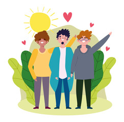 happy friendship day, group male characters love hearts, special event celebration