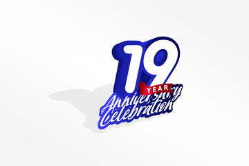 19 year anniversary, Italic Style with ribbon celebration logotype. Simple Blue color design isolated on Grey background - vector 