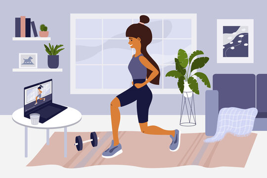 Online sport exercises or classes. Young woman watching training video on laptop, doing workout. Healthy lifestyle. Physical activities at apartment. Stay home, self isolation. Gym vector illustration