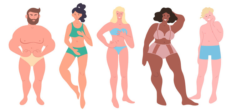 Set of diverse young people wearing underwear. Full body portraits of men and women, different races. Girls and guys with various complexion and colors of skin. Isolated vector collection