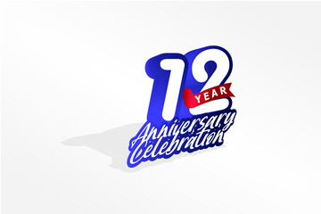 12 year anniversary, Italic Style with ribbon celebration logotype. Simple Blue color design isolated on Grey background - vector 