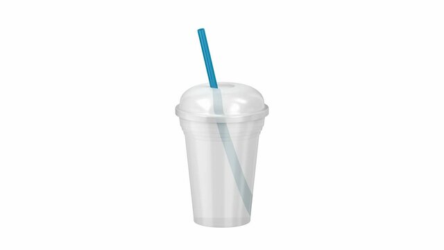 Empty disposable plastic cup for cold drinks with a straw