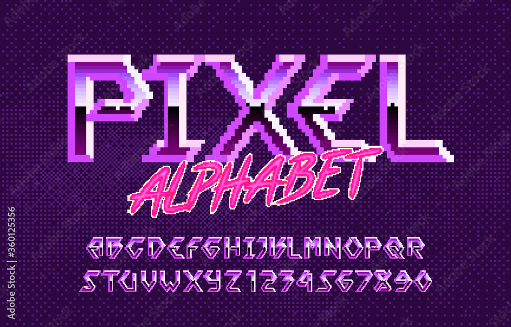 Fototapete pixel alphabet font. hard rock metallic effect letters and numbers. pixel background. 80s arcade vid