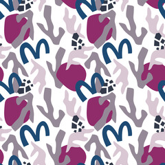 Collage seamless pattern with abstract and modern elements on white background. Creative doodle artwork header with different shapes and textures. Vector illustration