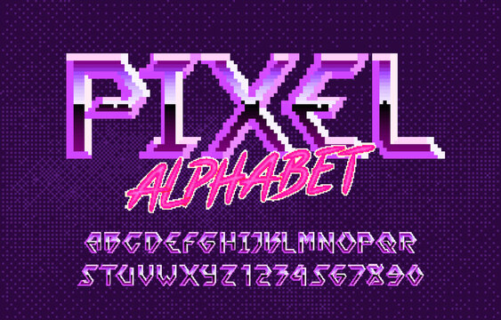Pixel Alphabet Font. Hard Rock Metallic Effect Letters And Numbers. Pixel Background. 80s Arcade Video Game Typescript.