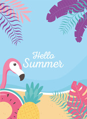 Naklejka premium flamingo float pineapple beach exotic tropical leaves, hello summer lettering