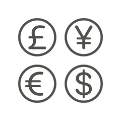 Pound, Yen, Euro, Dollar signs isolated on white background. Currency symbol modern simple vector icon for website or mobile app