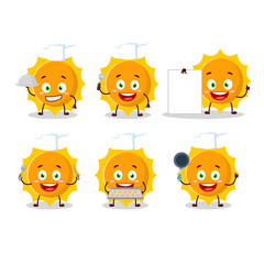 Cartoon character of sun with various chef emoticons